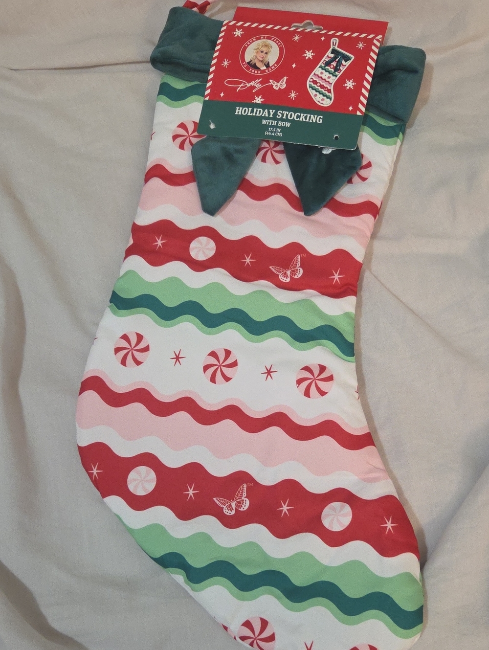 Dolly Parton NWT White Holiday Stocking with Red & Green Signed Bow